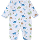 The Kissy Kissy Dinosaur Domain Zip Footie features a delicate design with blue and brown dinosaur patterns on a white background. Crafted from soft Pima cotton, this baby onesie by Kissy Kissy includes a convenient front zipper for easy changing.