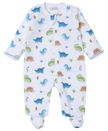 The Kissy Kissy Dinosaur Domain Zip Footie features a delicate design with blue and brown dinosaur patterns on a white background. Crafted from soft Pima cotton, this baby onesie by Kissy Kissy includes a convenient front zipper for easy changing.