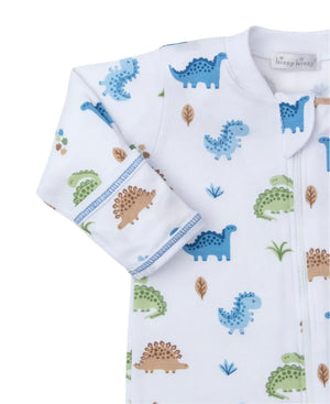 The Kissy Kissy Dinosaur Domain Zip Footie by Kissy Kissy is a white baby onesie made from luxurious Pima cotton, featuring a convenient zip and adorned with delightful blue and green dinosaur prints, making it the perfect addition to any baby clothing collection.