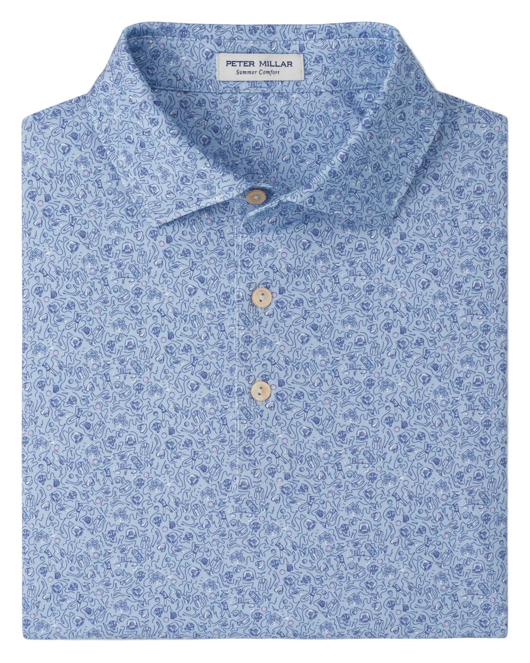 The Parker Performance Jersey Polo by Peter Millar features a light blue tone, subtle floral pattern, four-way stretch, three beige buttons, and inner collar branding. Offers UPF 50+ for stylish comfort and sun protection all day.