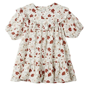 The Girls' Cordelia Dress by Rylee & Cru is a short-sleeved ruffle dress with elasticized sleeves and a white base decorated with red and beige floral patterns.