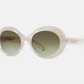 Portia Sunglasses by Mr. Leight feature a glossy pearly white oversized oval acetate frame with dark gradient lenses, shown against a white background.