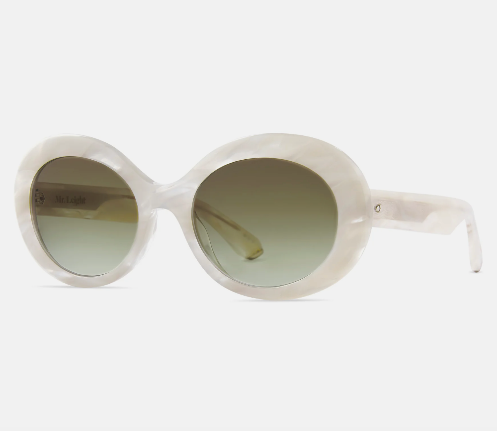 Portia Sunglasses by Mr. Leight feature a glossy pearly white oversized oval acetate frame with dark gradient lenses, shown against a white background.