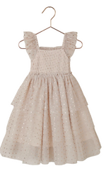 The Noralee Girls' Valentina Dress in light pink features ruffled shoulder straps, a tiered skirt with metallic dots, and a smocked bodice, shown hanging against a white background.