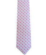 A Robert Jensen Seashell Tie, Purple and Light Blue featuring a repeating design of pink, red, and purple geometric shapes on a white background.