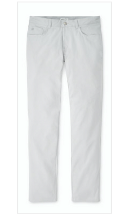 The Peter Millar eb66 Performance Five-Pocket Pant in light gray is shown laid flat from the front, featuring a visible waistband, button, side pockets, and comfortable four-way stretch.