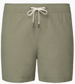 The Charles 5" Swim Trunk by Onia features a light olive green hue, classic tailoring, elastic waistband, white metal-tipped drawstring, and quick-dry fabric, shown against a plain background.