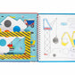 An open My Painting Construction children’s activity book by Floss and Rock is displayed, featuring construction-themed illustrations, colored circles, a yellow-and-black striped stencil, and a pencil on a white background—ideal for painting on the go with truck-shaped paint palettes or a convenient paint pad.