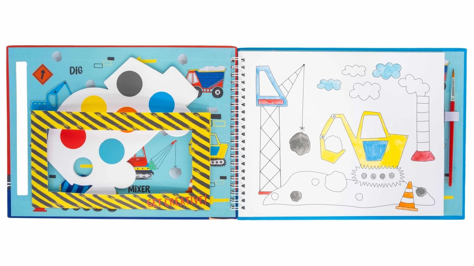 An open My Painting Construction children’s activity book by Floss and Rock is displayed, featuring construction-themed illustrations, colored circles, a yellow-and-black striped stencil, and a pencil on a white background—ideal for painting on the go with truck-shaped paint palettes or a convenient paint pad.