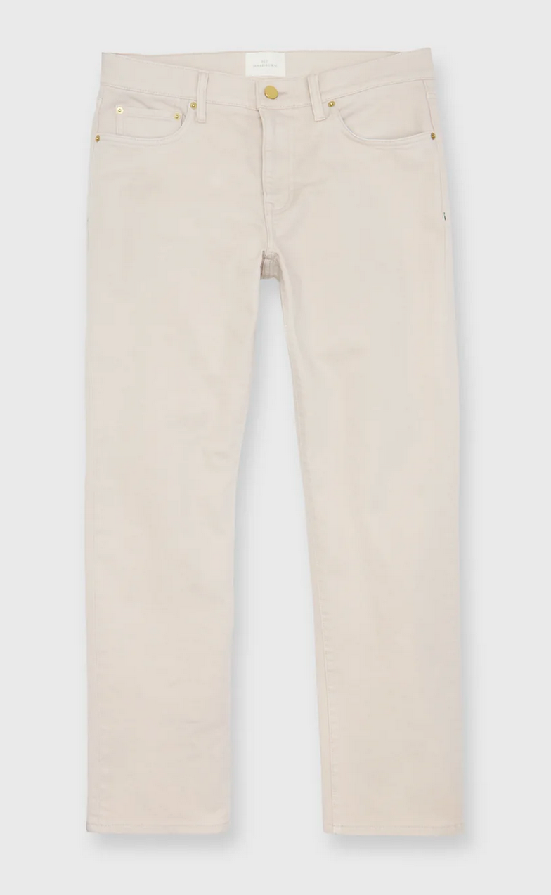 The Sid Mashburn Clift Straight Leg Jean in light beige, featuring five pockets, gold rivets, and stretch denim, is shown laid flat on a white background.