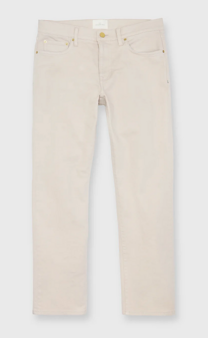 The Sid Mashburn Clift Straight Leg Jean in light beige, featuring five pockets, gold rivets, and stretch denim, is shown laid flat on a white background.
