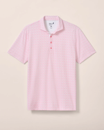 The Johnnie-O Flock Yeah Performance Mesh Polo features a light pink, short-sleeve design with a subtle geometric pattern and classic collar—perfect for stylish golfers seeking comfort and performance.