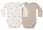 Introducing the Quincy Mae Baby Jersey Bodysuit 2-Pack, featuring two long sleeve one-piece bodysuits: one in white with a woodland animal print and the other in tan and white stripes. Both are made from soft brushed jersey and finished with convenient snap closures at the bottom.