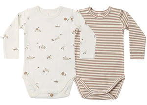 Introducing the Quincy Mae Baby Jersey Bodysuit 2-Pack, featuring two long sleeve one-piece bodysuits: one in white with a woodland animal print and the other in tan and white stripes. Both are made from soft brushed jersey and finished with convenient snap closures at the bottom.