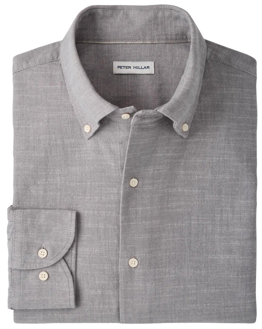 A folded light gray “Devonport Chambray Cotton-Stretch Sport Shirt” by Peter Millar, featuring a visible brand label inside the collar—ideal for elevating your casual style.