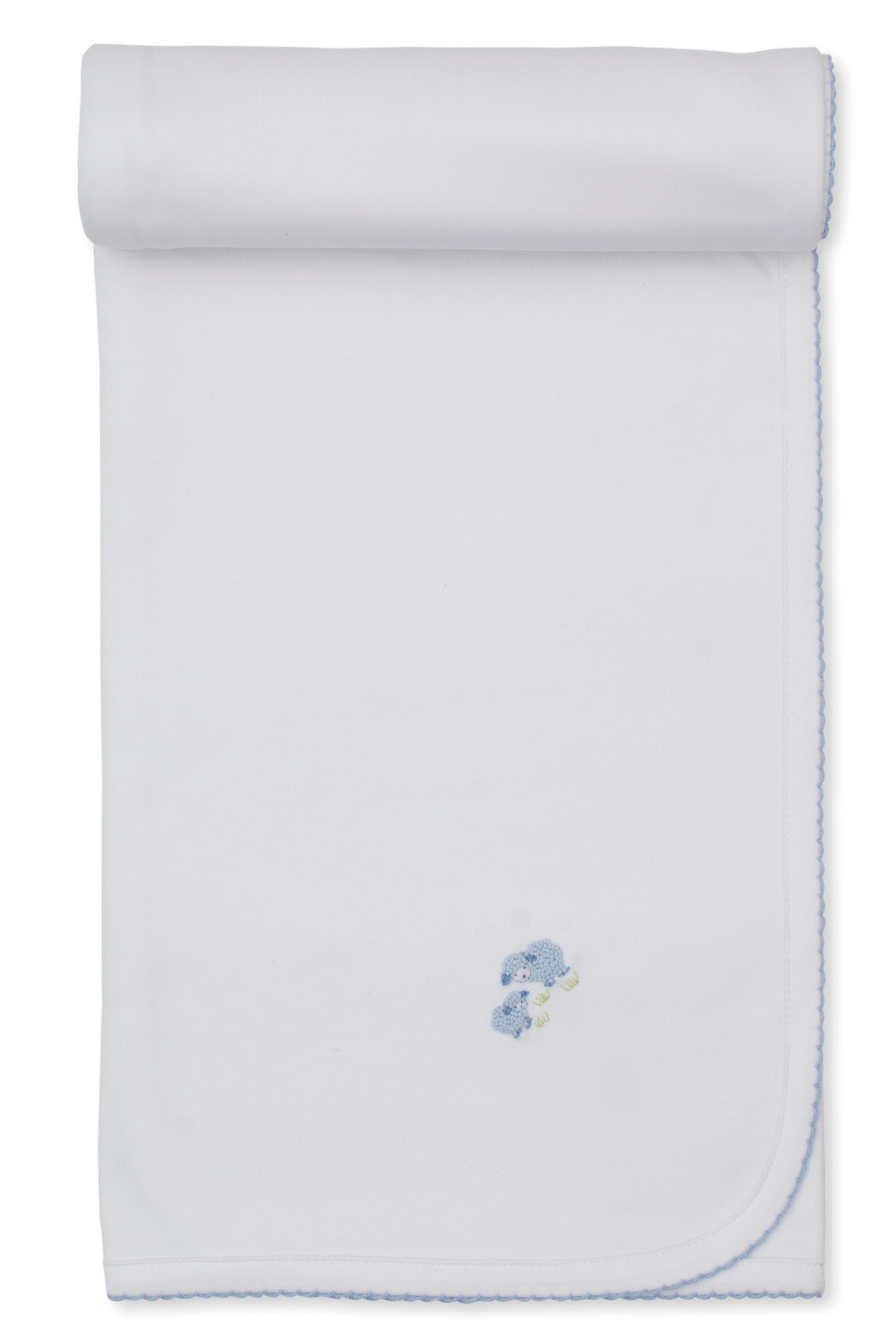 The Premier Sweet Sheep Blanket by Kissy Kissy is a white rolled Pima cotton baby blanket featuring blue scalloped edges and a small embroidered blue puppy motif near one corner.