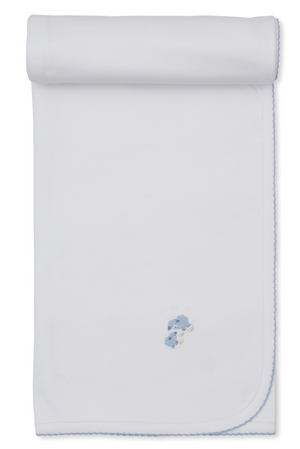 The Premier Sweet Sheep Blanket by Kissy Kissy is a white rolled Pima cotton baby blanket featuring blue scalloped edges and a small embroidered blue puppy motif near one corner.