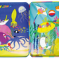 The Floss and Rock Ocean Magnetic Playtime Tin includes two colorful trays decorated with playful cartoon sea creatures—such as an octopus, ray, squid, jellyfish, fish, and crabs—set against vibrant underwater scenes filled with coral and plants. Crafted from recycled materials, this fun playset is both eco-friendly and imaginative.