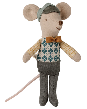 Maileg Driver Mouse, Little Brother: a stuffed toy mouse dressed in a blue diamond-patterned vest, yellow bow tie, green hat, yellow shirt, and gray pants, featuring a long pink tail.