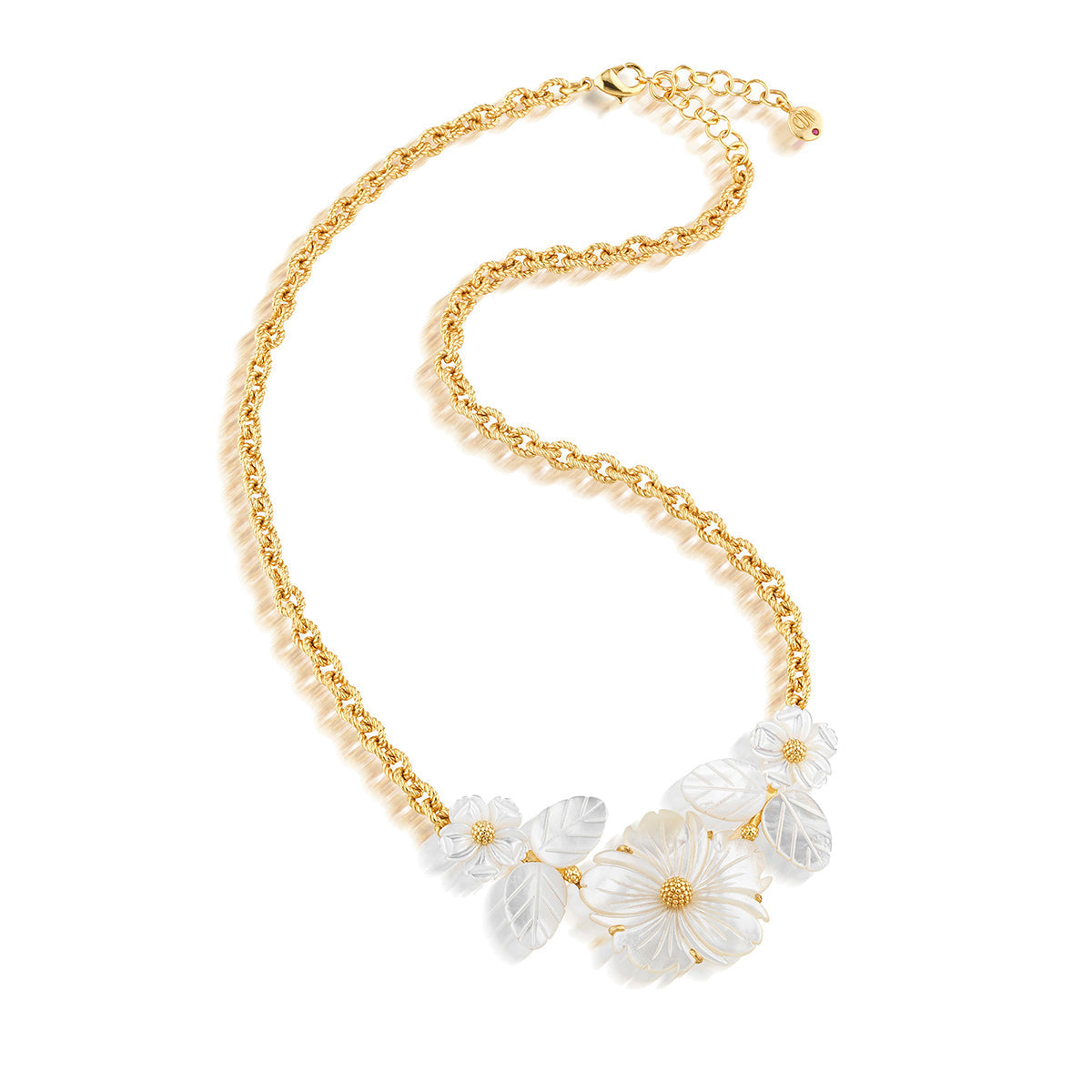 The Juliska Capucine De Wulf Mermaid Garden Bouquet Necklace is a gold link chain with clear, clustered flower and leaf-shaped pendants as its centerpiece.