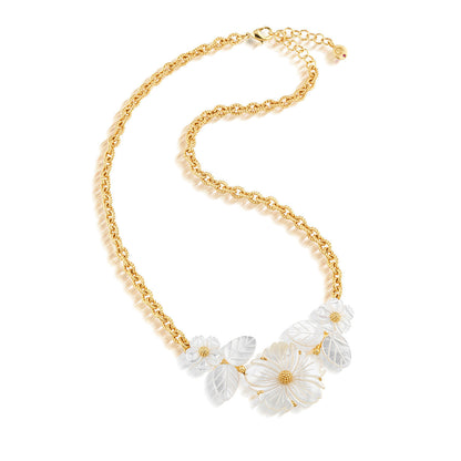 The Juliska Capucine De Wulf Mermaid Garden Bouquet Necklace is a gold link chain with clear, clustered flower and leaf-shaped pendants as its centerpiece.