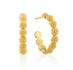 The Berry Icon Small Hoop Earrings by Juliska Capucine De Wulf feature a beaded, textured design with circular clusters on classic hoops, shown in front and side views.