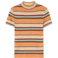 The Guest in Residence Palazzo Top is a short-sleeved ribbed knit sweater with horizontal orange, beige, light blue, and burgundy stripes—ideal for a playful vacation look.