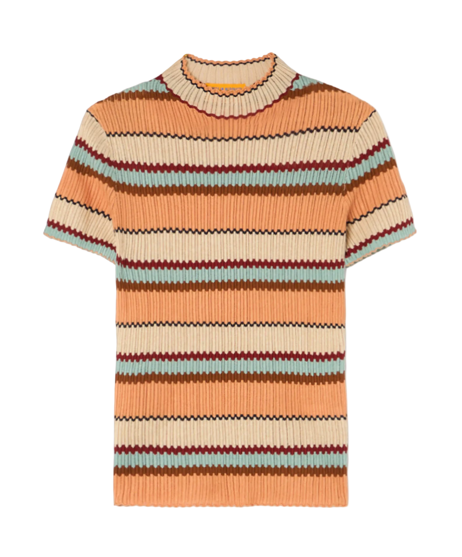 The Guest in Residence Palazzo Top is a short-sleeved ribbed knit sweater with horizontal orange, beige, light blue, and burgundy stripes—ideal for a playful vacation look.