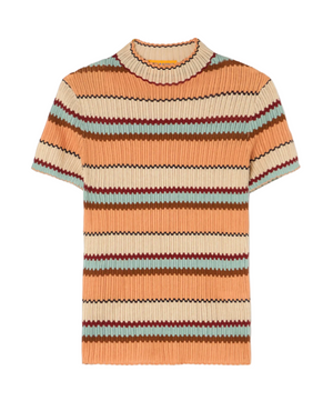 The Guest in Residence Palazzo Top is a short-sleeved ribbed knit sweater with horizontal orange, beige, light blue, and burgundy stripes—ideal for a playful vacation look.