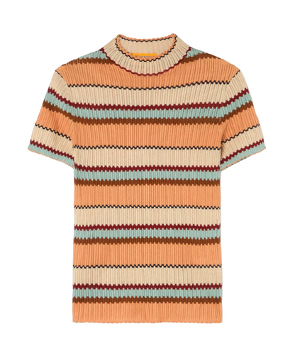 The Guest in Residence Palazzo Top is a short-sleeved ribbed knit sweater with horizontal orange, beige, light blue, and burgundy stripes—ideal for a playful vacation look.