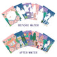 Ten illustrated cards are displayed in two rows: the top row, labeled “Before Water,” features faded images, while the bottom row, labeled “After Water,” reveals vibrant and detailed scenes. This enchanting transformation showcases the Fairy Tale Easel Watercard and Pen by Floss and Rock—a reusable coloring set that provides mess-free creativity every time.