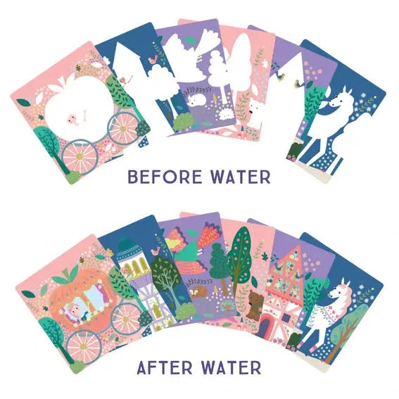 Ten illustrated cards are displayed in two rows: the top row, labeled “Before Water,” features faded images, while the bottom row, labeled “After Water,” reveals vibrant and detailed scenes. This enchanting transformation showcases the Fairy Tale Easel Watercard and Pen by Floss and Rock—a reusable coloring set that provides mess-free creativity every time.