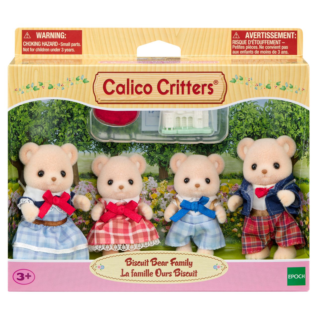The Calico Critters Biscuit Bear Family features four plush bear figures dressed in colorful outfits and presented in a charming box with a garden-themed background, making them a delightful addition to any toy collection.