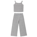 The Girls’ Fuzzy Knit Lounge set by Rylee & Cru features a cozy gray ribbed knit two-piece ensemble, including a sleeveless crop top with wide shoulder straps and matching wide-leg pants, both displayed flat on a white background—making it the ideal lounge set for relaxing in style.