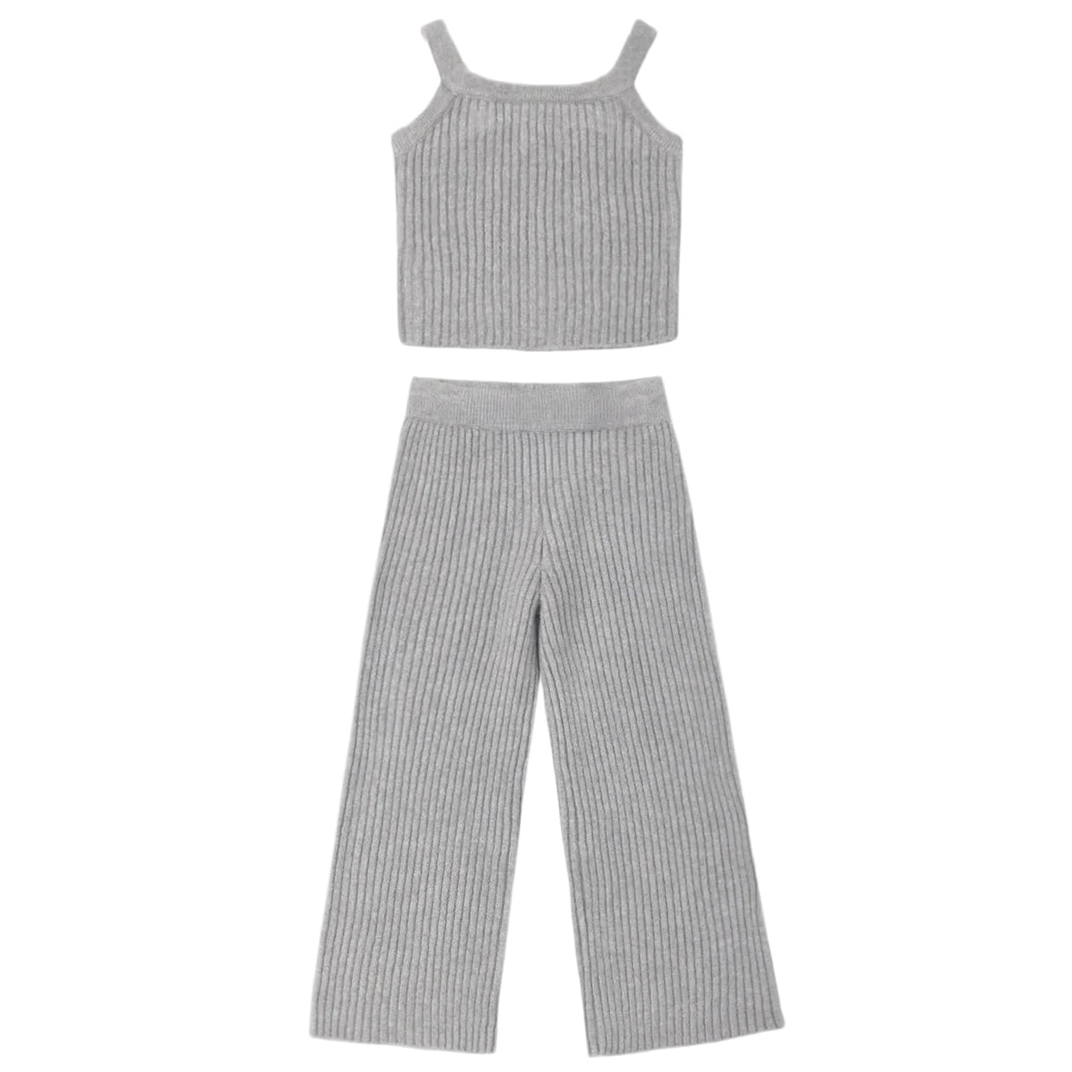 The Girls’ Fuzzy Knit Lounge set by Rylee & Cru features a cozy gray ribbed knit two-piece ensemble, including a sleeveless crop top with wide shoulder straps and matching wide-leg pants, both displayed flat on a white background—making it the ideal lounge set for relaxing in style.
