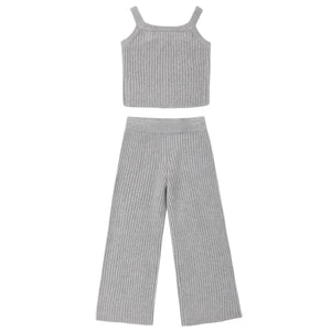 The Girls’ Fuzzy Knit Lounge set by Rylee & Cru features a cozy gray ribbed knit two-piece ensemble, including a sleeveless crop top with wide shoulder straps and matching wide-leg pants, both displayed flat on a white background—making it the ideal lounge set for relaxing in style.