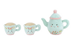 The Mon Ami Afternoon Tea Set, featuring a light blue teapot and two teacups adorned with floral patterns and cheerful, smiling faces, evokes the charm of a whimsical tea party and is displayed against a white background.