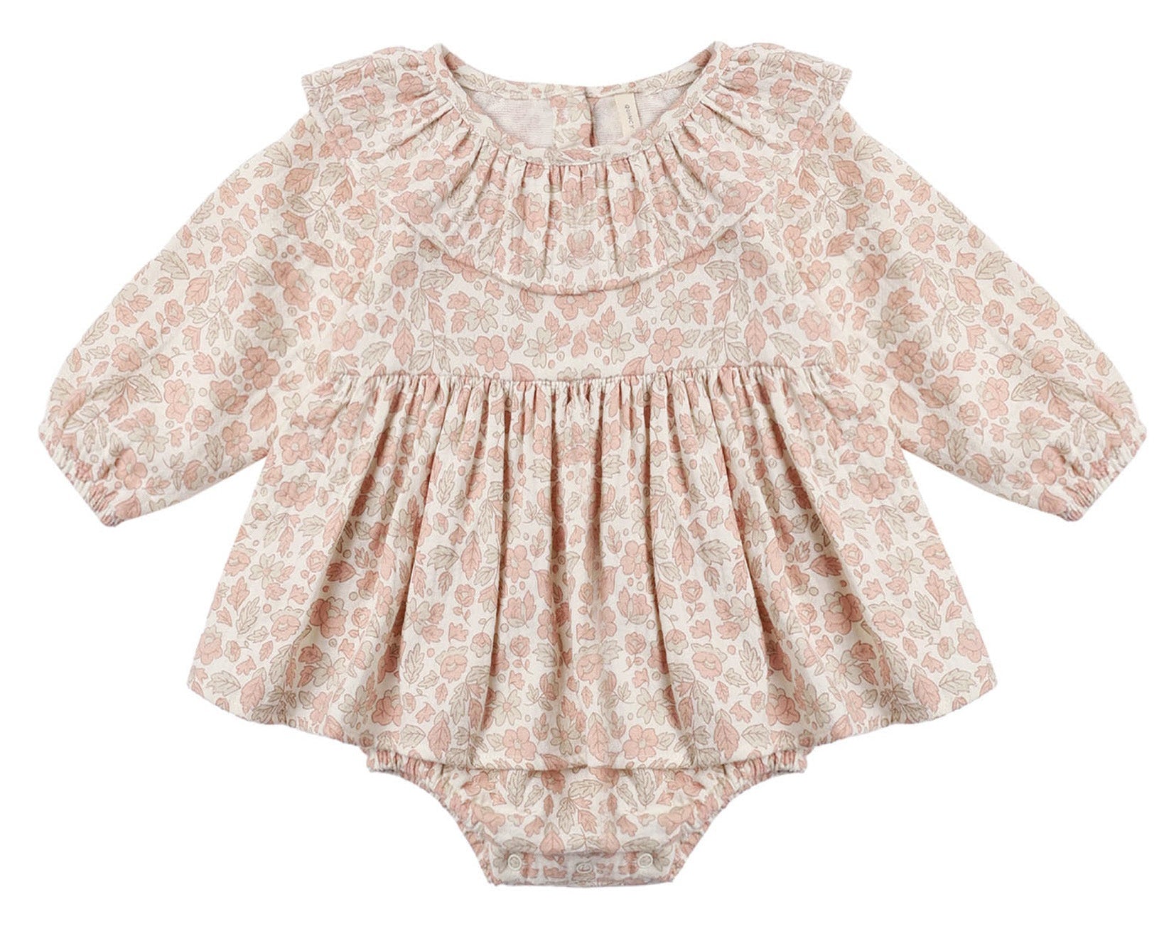 The Quincy Mae Baby Girls’ Thalia Romper features long sleeves, a ruffled collar, and a delicate pastel pink and beige floral pattern with charming embroidery, showcased against a plain white background.