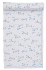 The Kissy Kissy Just Giraffes Printed Blanket, crafted from white Pima cotton and featuring a blue and gray cartoon giraffe and star pattern, is rolled at the top edge and displayed on a plain background.