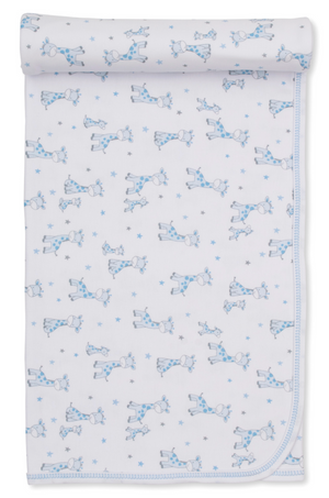 The Kissy Kissy Just Giraffes Printed Blanket, crafted from white Pima cotton and featuring a blue and gray cartoon giraffe and star pattern, is rolled at the top edge and displayed on a plain background.