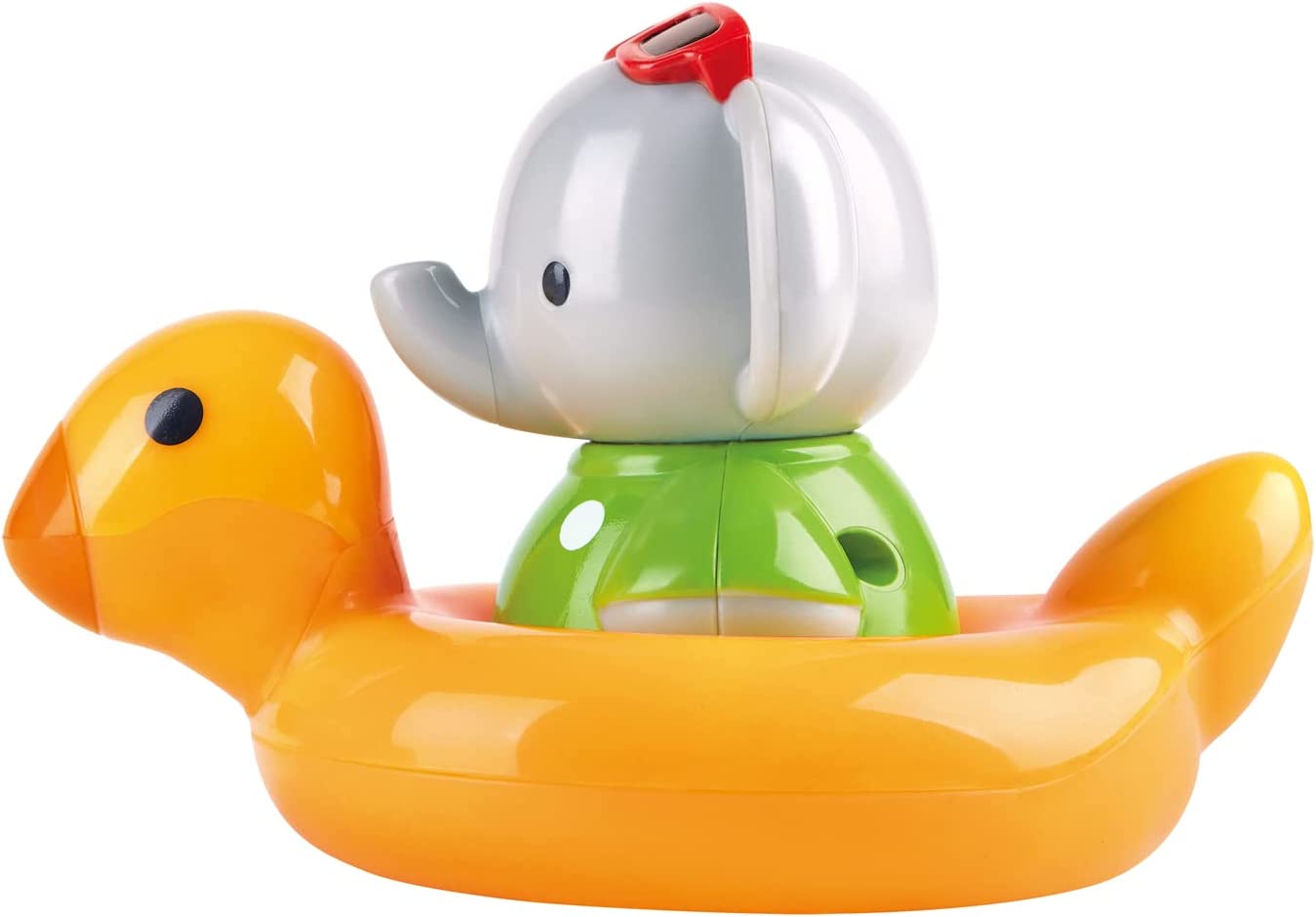 A Spin Splash & Swim Elephant color-changing bath toy in a rubber duck boat for bath time fun by Hape.