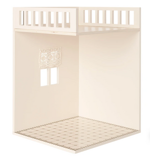 The Maileg House of Miniature Bathroom features a tiled floor, small window with lace curtain, and partial upper railing—an ideal setting for displaying Maileg furniture or designing your own tiny bathroom scene.