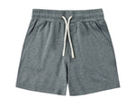 Rylee & Cru Boys’ Oceanside Tech Short in gray, designed with an elastic waistband, white drawstring, convenient side pockets, and a practical zip back pocket, displayed flat against a white background.