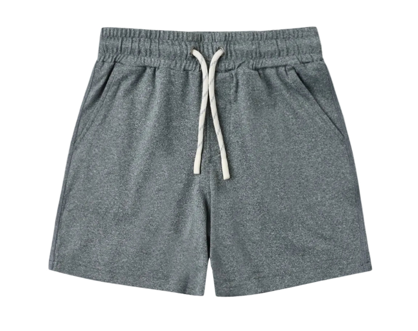 Rylee & Cru Boys’ Oceanside Tech Short in gray, designed with an elastic waistband, white drawstring, convenient side pockets, and a practical zip back pocket, displayed flat against a white background.