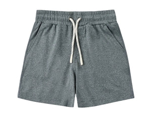 Rylee & Cru Boys’ Oceanside Tech Short in gray, designed with an elastic waistband, white drawstring, convenient side pockets, and a practical zip back pocket, displayed flat against a white background.