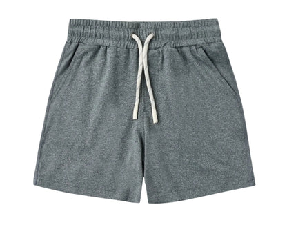Rylee & Cru Boys’ Oceanside Tech Short in gray, designed with an elastic waistband, white drawstring, convenient side pockets, and a practical zip back pocket, displayed flat against a white background.