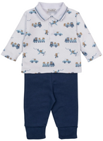 Outfit your little one in the Kissy Kissy Baby Boys’ Bears on the Go Pant Set, a cozy two-piece ensemble crafted from soft Pima cotton. This adorable infant outfit includes a long-sleeve shirt adorned with cute car and bear prints, complemented by solid navy blue pants for all-day style and comfort.