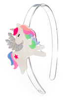 Add a touch of magic to any occasion with the Unicorn Pastel Glitter Headband by Lillies & Roses, featuring a clear plastic band adorned with a whimsical unicorn decoration—complete with a pastel rainbow mane in pink, purple, green, and blue accents, glittery wings, and a charming pink star on its side.