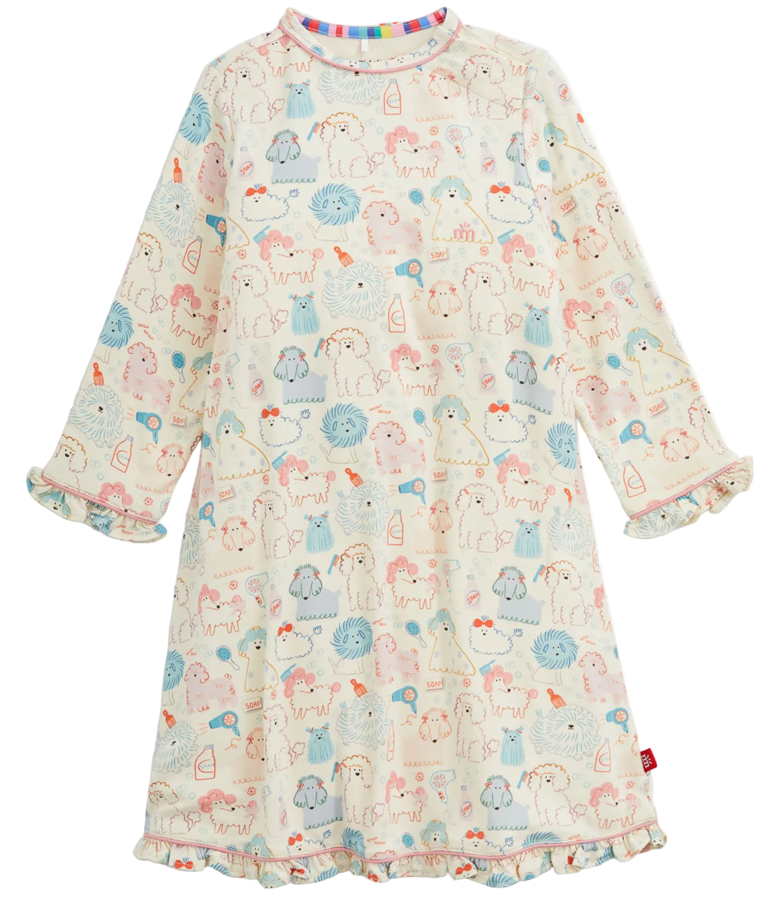 The Girls’ Poodle Pawlor Ruffle Nightgown by Magnetic Me is a long-sleeve, flame-resistant nightgown for kids with ruffled cuffs and hem, featuring an animal print in pastel colors on a white background.