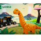 A photograph of the BRIO World Dinosaur Circle Set by Brio, showcasing a dinosaur-themed train set complete with a toy train, a dinosaur figure, a pink tree, and a mountainous landscape background. Recommended for ages 3 and up.